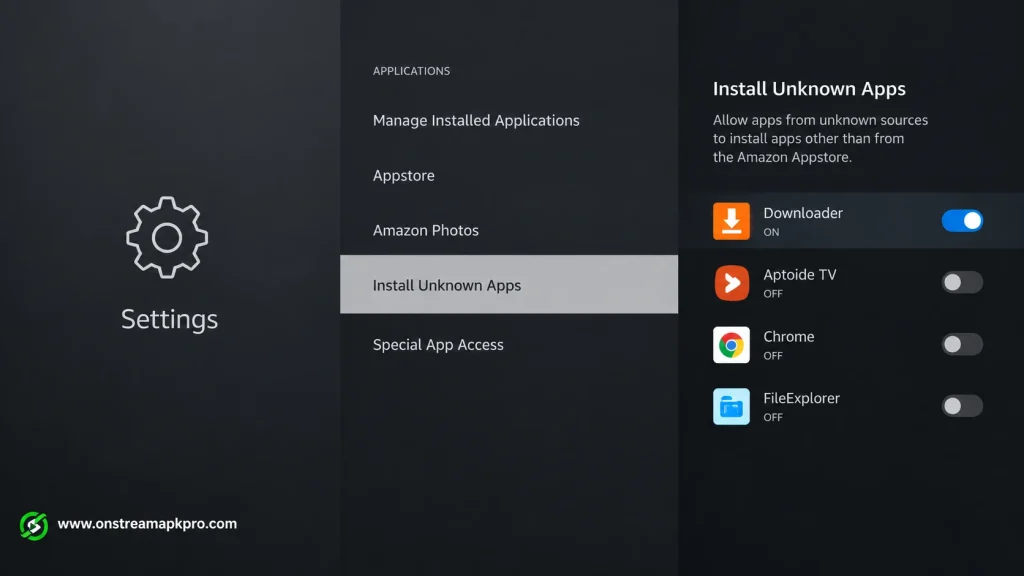 OnStream Firestick: Install and Stream on Fire TV Now in 2026 2 Fire TV Install Unknown Apps Settings