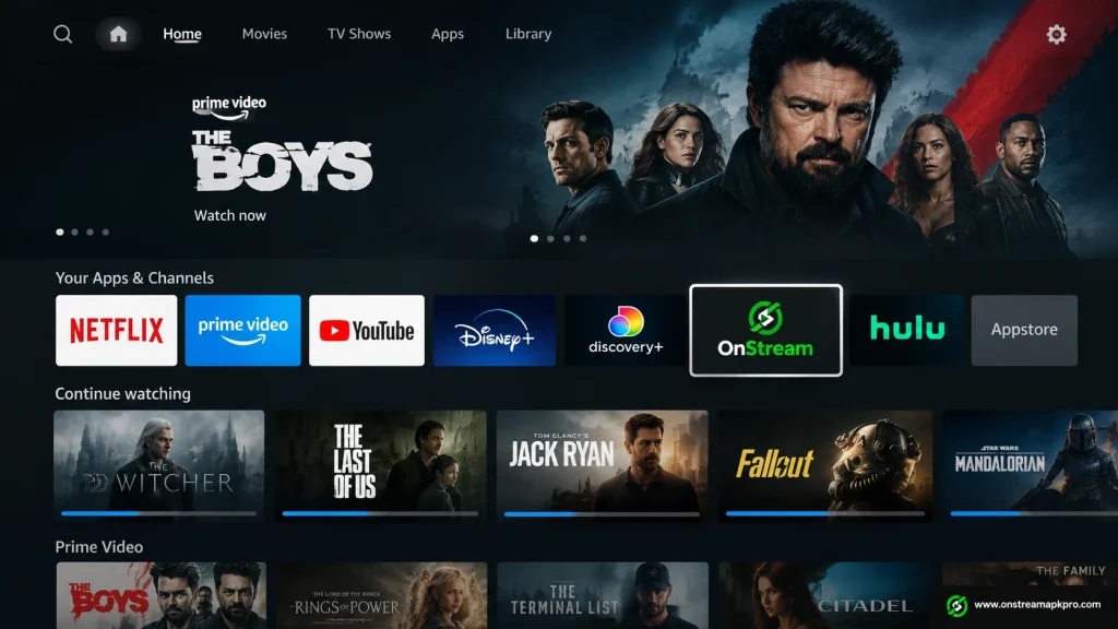 OnStream Firestick: Install and Stream on Fire TV Now in 2026 3 OnStream installed and running on Fire TV Stick home screen