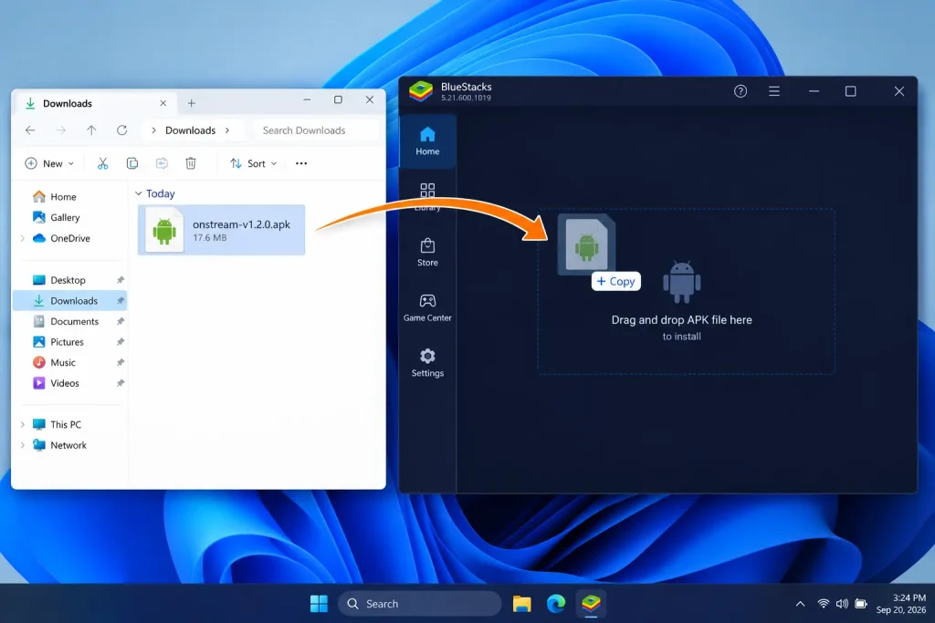 OnStream for PC: Free & Easy Download (Win 11,10,8.1 & Mac) 3 Dragging the OnStream APK file into the BlueStacks window to install it