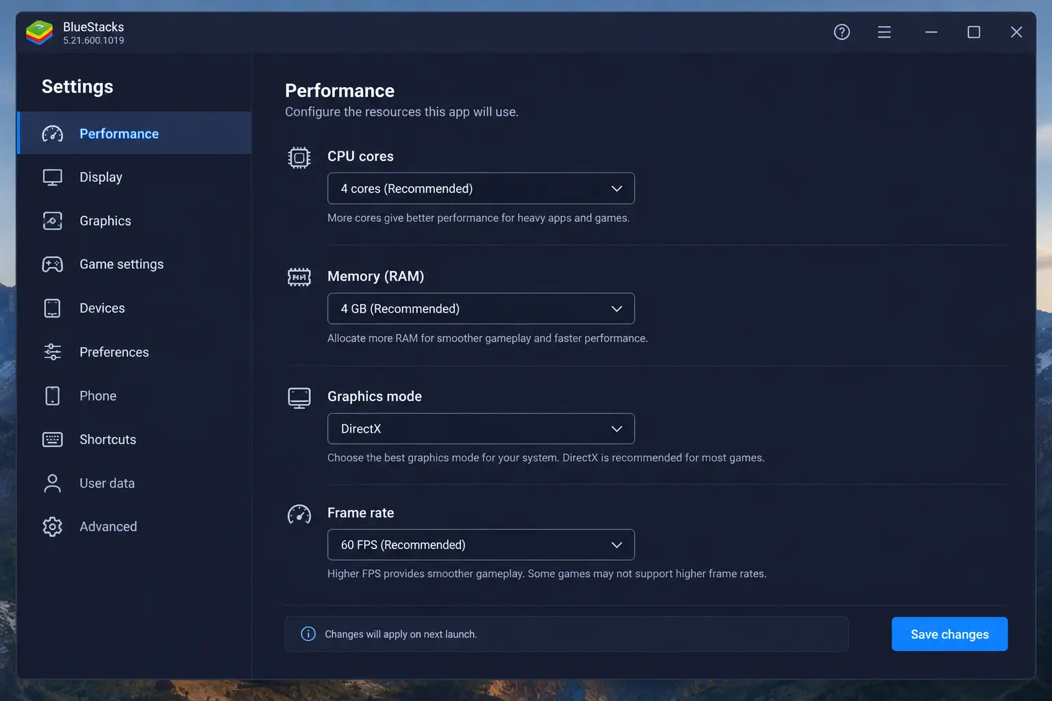 OnStream for PC: Free & Easy Download (Win 11,10,8.1 & Mac) 5 BlueStacks Performance Settings Interface