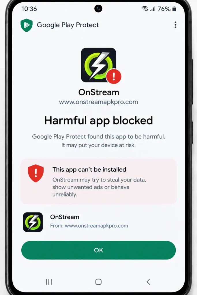 Is OnStream Safe? Dangerous Security & Privacy Risks in 2026 4 Android security warning after scanning the OnStream APK
